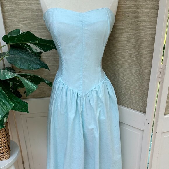 Vintage 80s Strapless Sundress, Baby Blue Midi Dress, Drop Waist Dress, Bustier - Picture 1 of 10